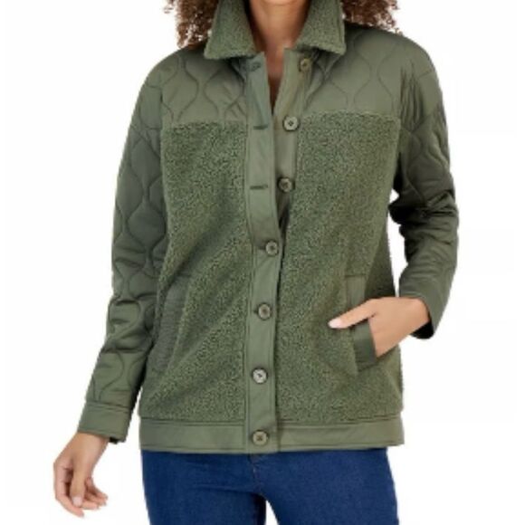 Women's Green Quilted Mixed Media Fleece Trim Jacket L - Picture 2 of 9